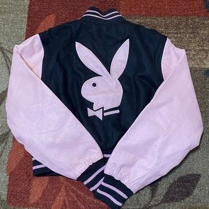 Playboy Black and Pink Leather Reversible Bomber Varsity Jacket Women's Small